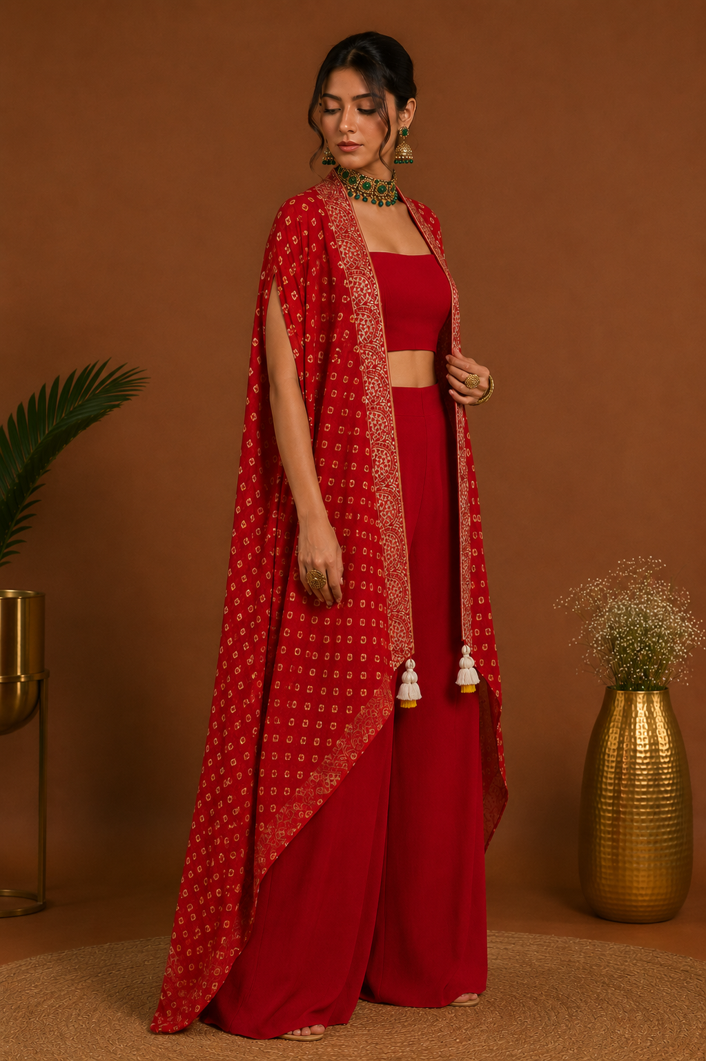 Red Bandhani Silk Jacquard Shrug Handcrafted