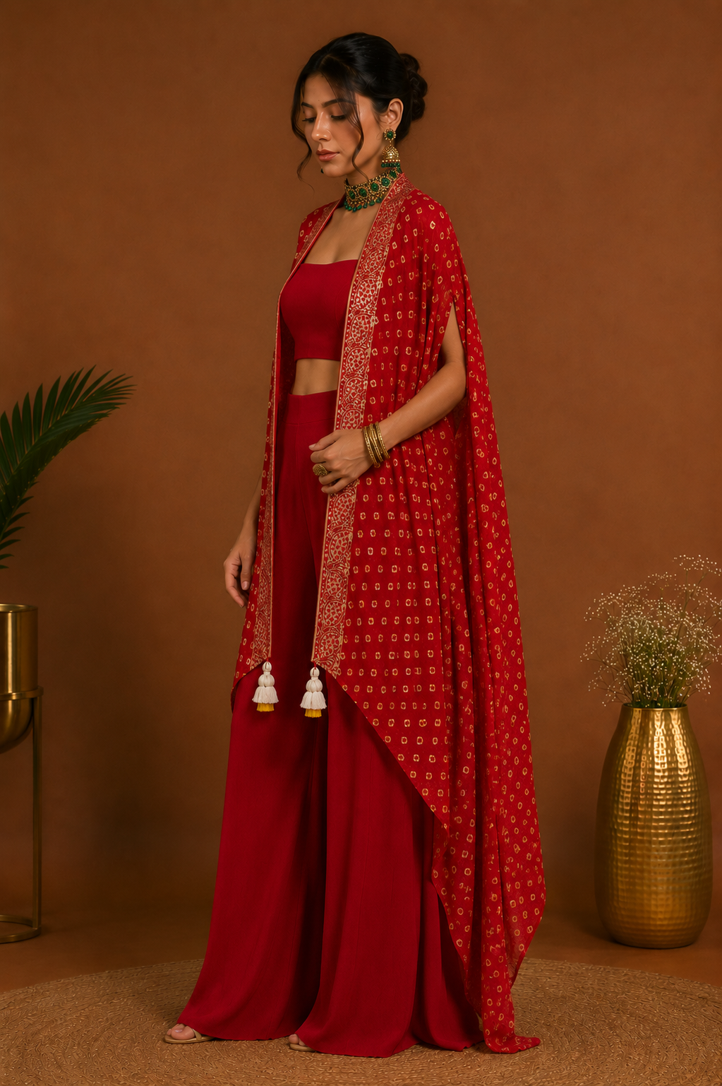 Red Bandhani Silk Jacquard Shrug Handcrafted