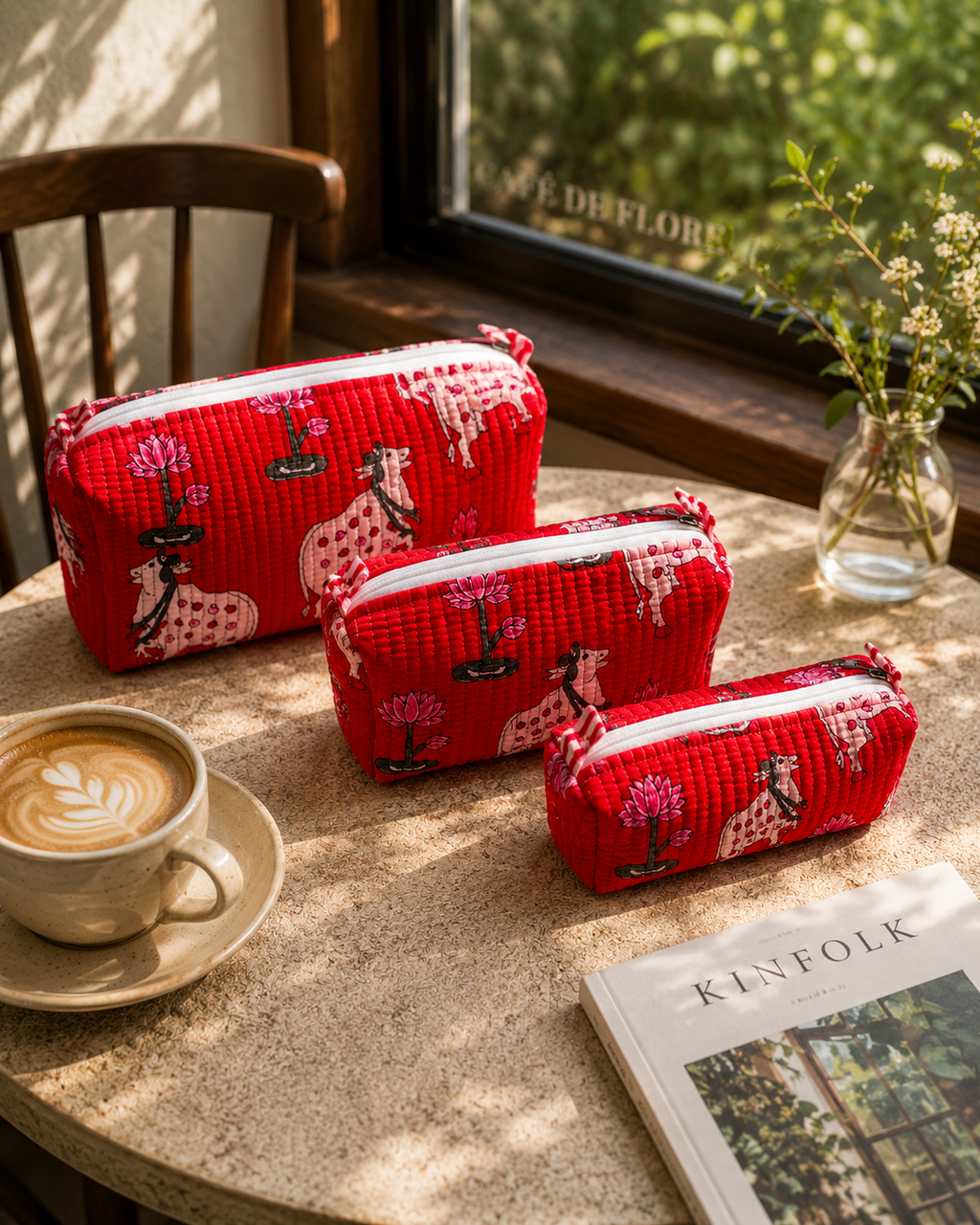 Red Hand Block Print Set of 3 Quilted Pouches
