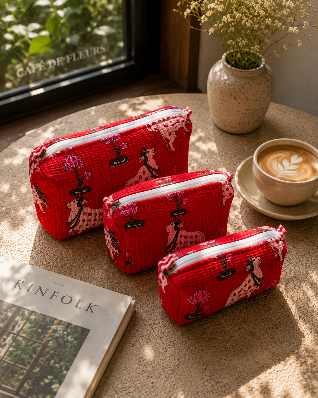 Red Hand Block Print Set of 3 Quilted Pouches