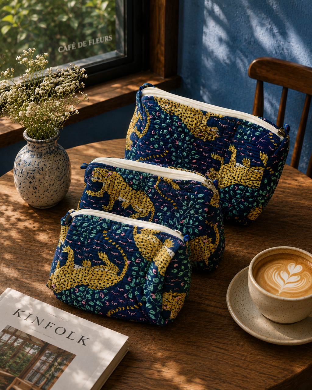 Dark Blue Animal Hand Block Print Set of 3 Quilted Pouches
