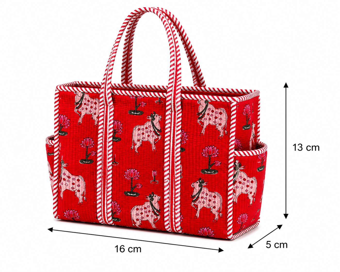 Red Hand Block Print Quilted Tote Bag