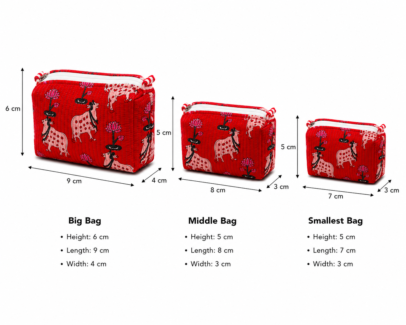 Red Hand Block Print Set of 3 Quilted Pouches