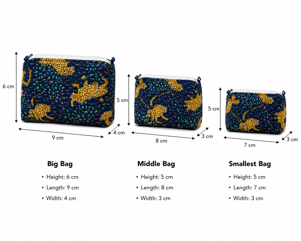 Dark Blue Animal Hand Block Print Set of 3 Quilted Pouches