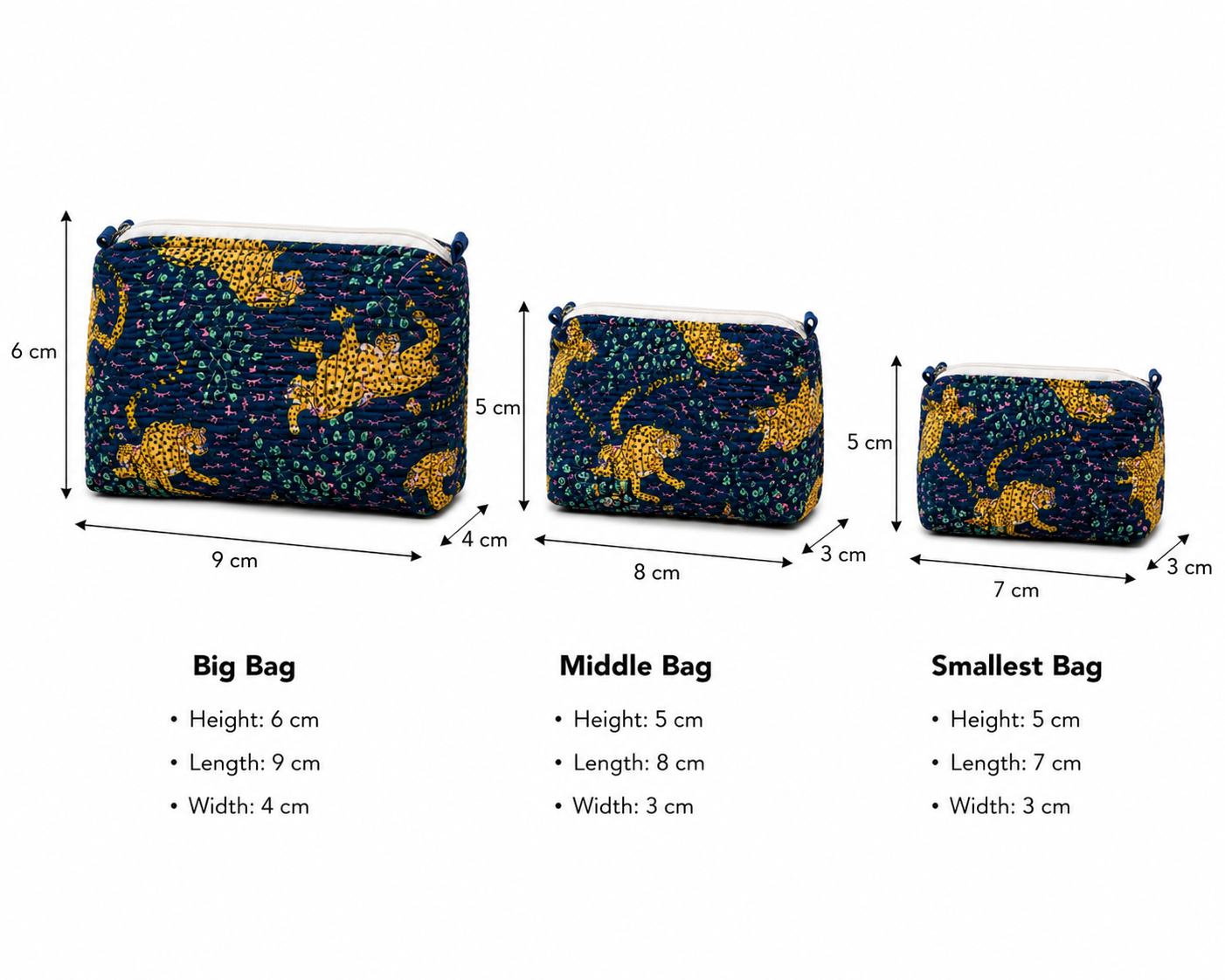 Dark Blue Animal Hand Block Print Set of 3 Quilted Pouches