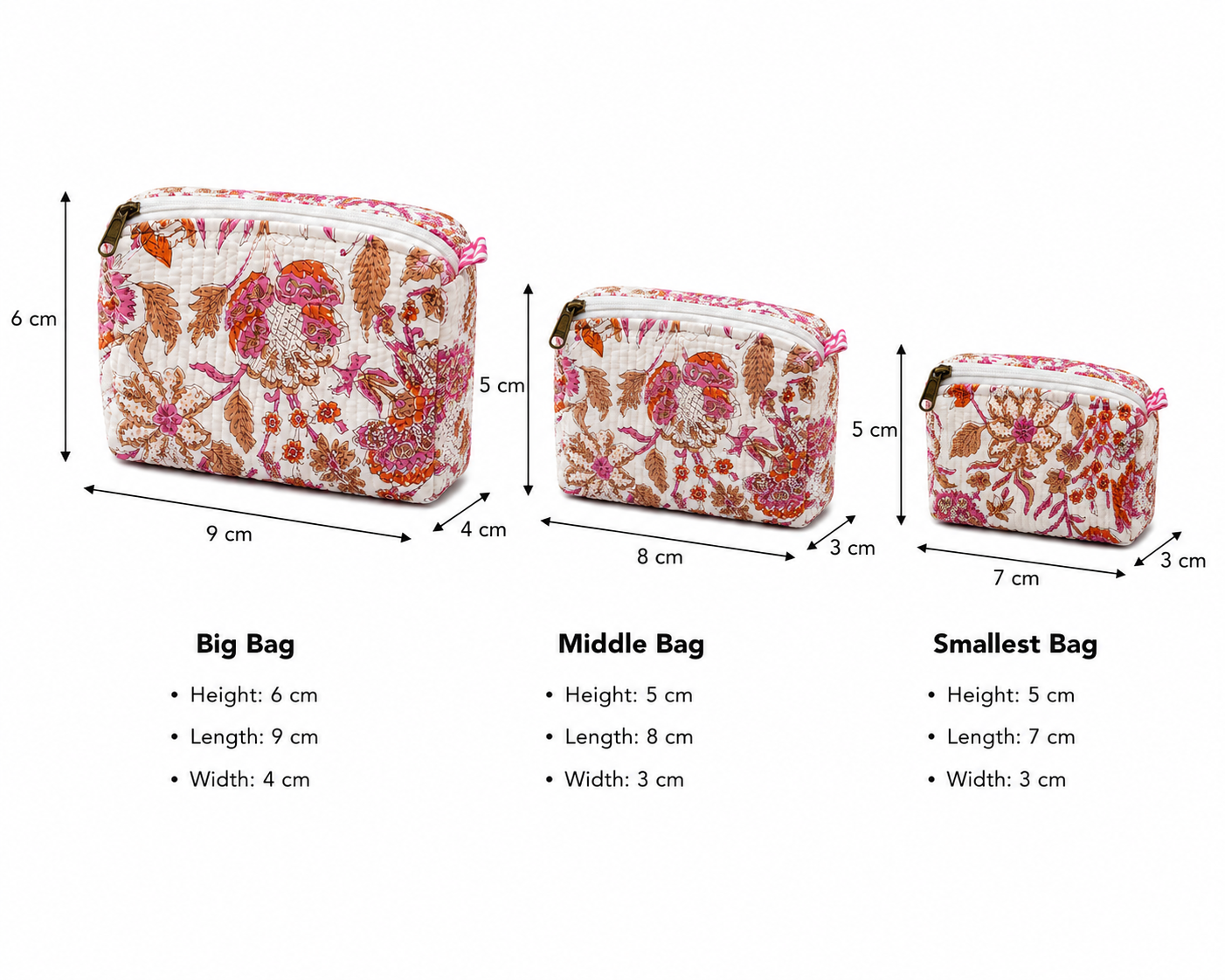 White & Pink Hand Block Print Set of 3 Quilted Pouches
