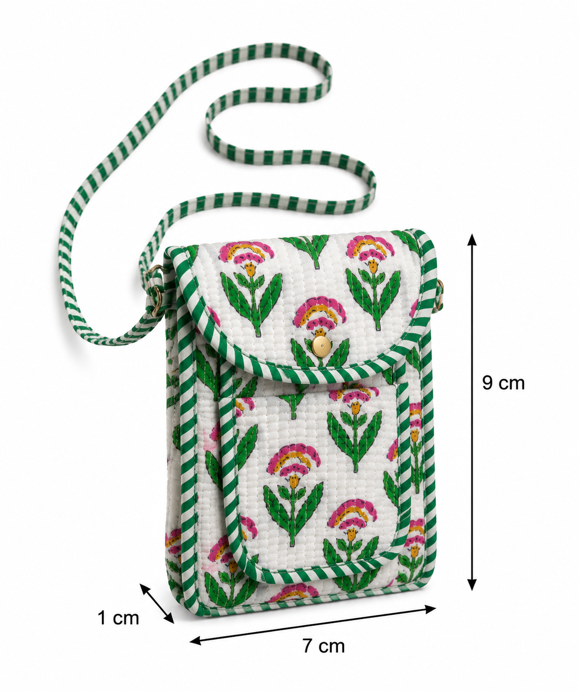 White & Green Floral Hand Block Print Quilted Sling Bag
