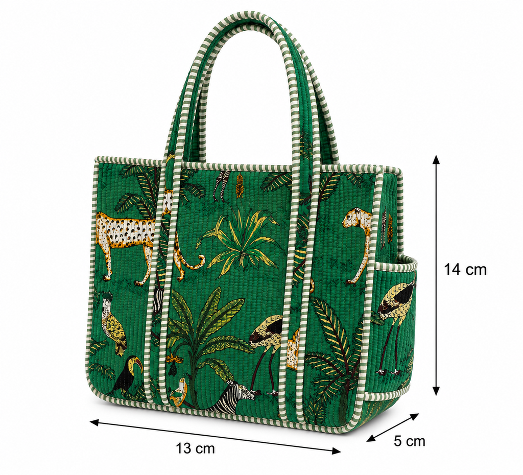 Green Hand Block Print Quilted Tote Bag