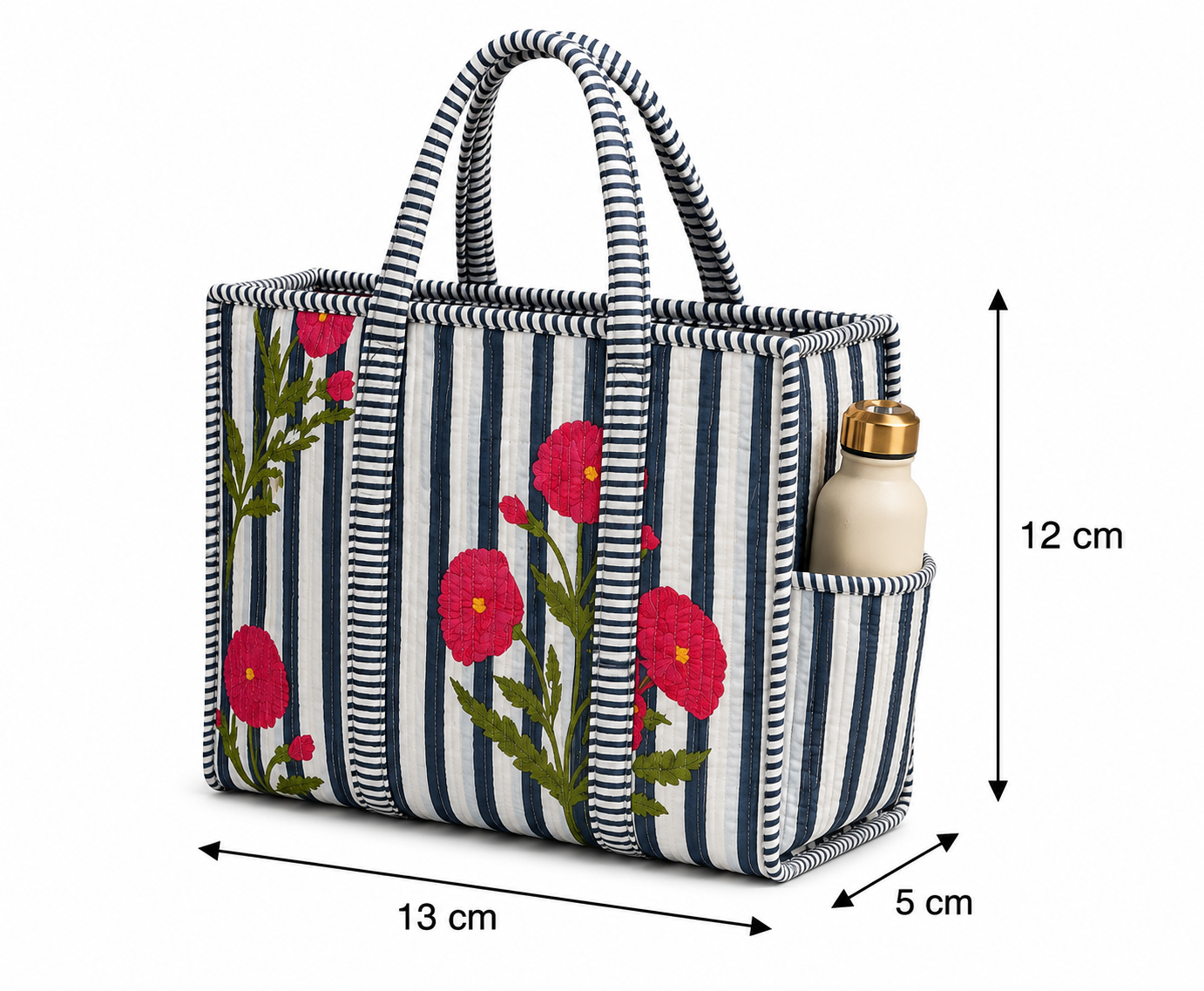 White Floral Hand Block Print Quilted Tote Bag