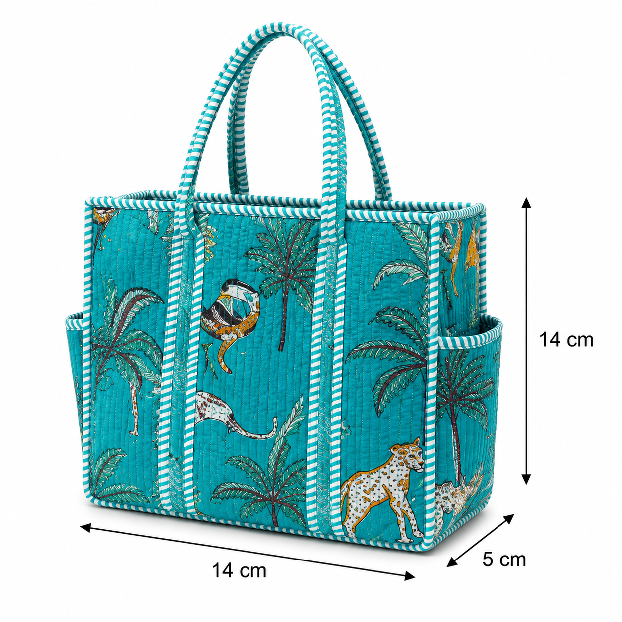 Turquoise Blue Hand Block Print Quilted Tote Bag