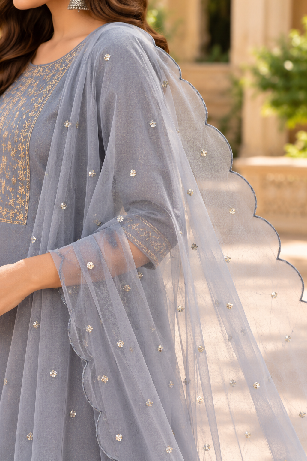 Grey Embroidered Modal Silk 3-Piece Kurta Set