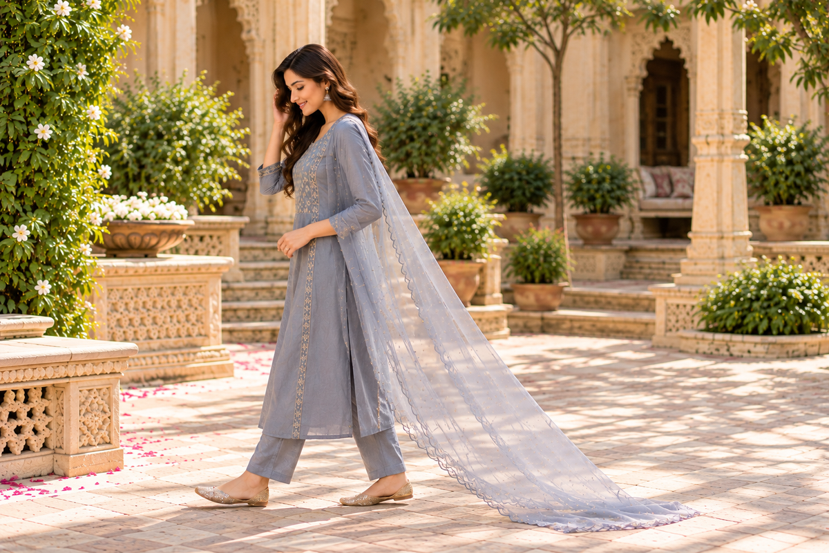 Grey Embroidered Modal Silk 3-Piece Kurta Set