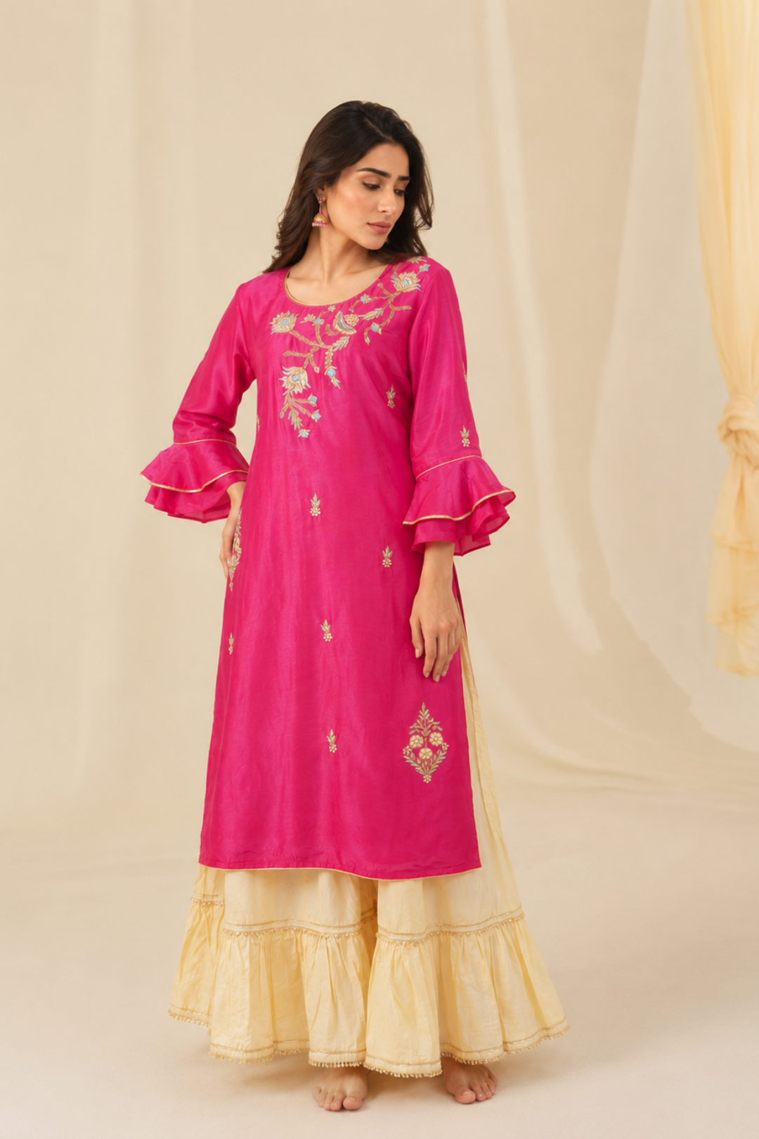 Pink & Yellow Floral Embroidered Zardozi Straight Kurta with Sharara