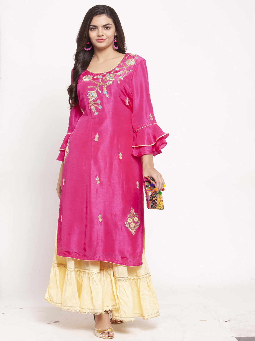 Pink & Yellow Floral Embroidered Zardozi Straight Kurta with Sharara