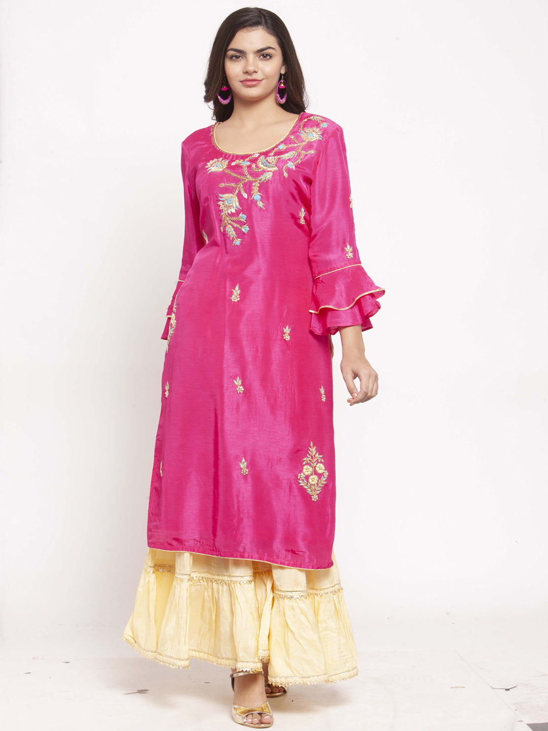 Pink & Yellow Floral Embroidered Zardozi Straight Kurta with Sharara
