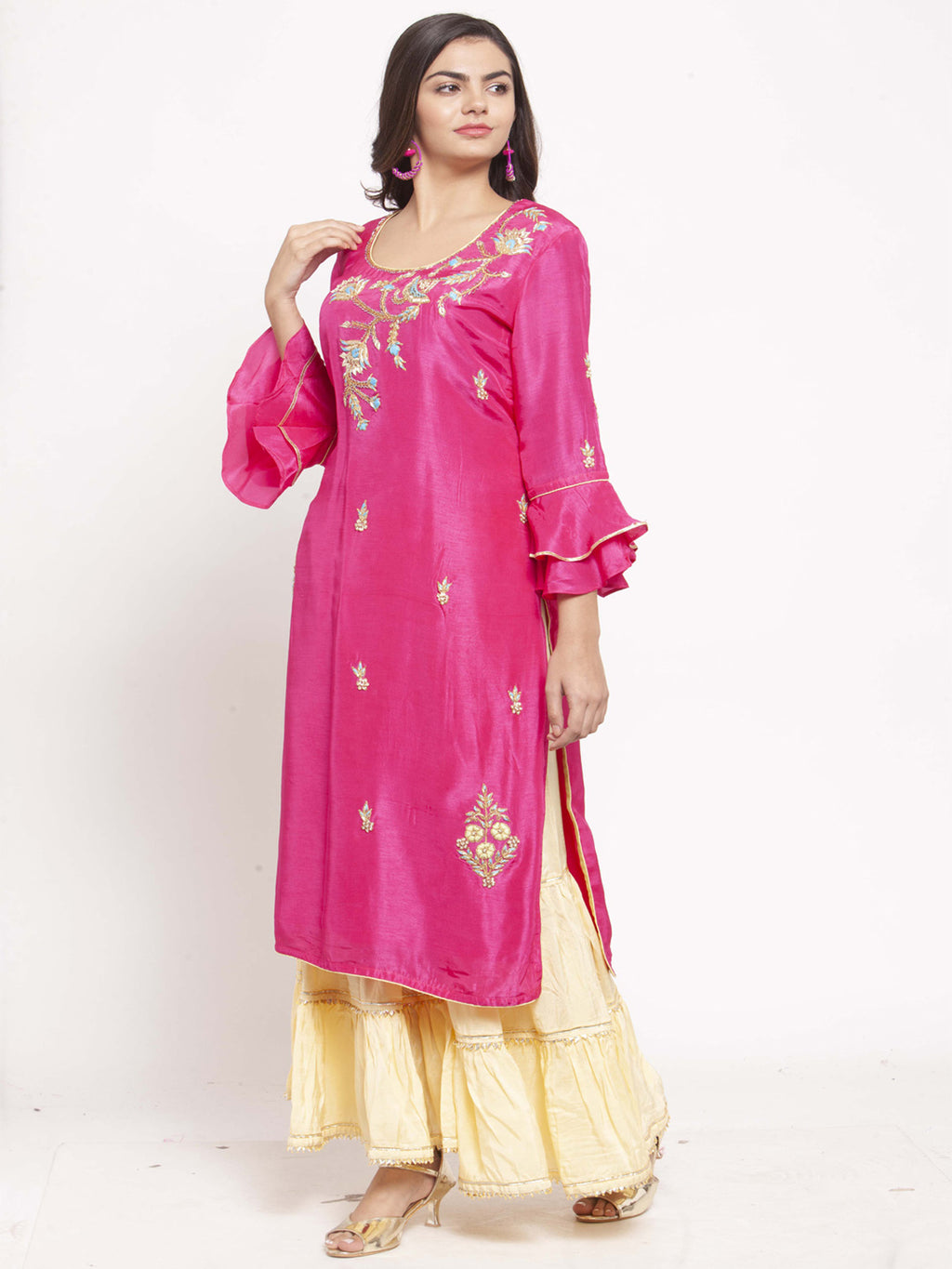 Pink & Yellow Floral Embroidered Zardozi Straight Kurta with Sharara
