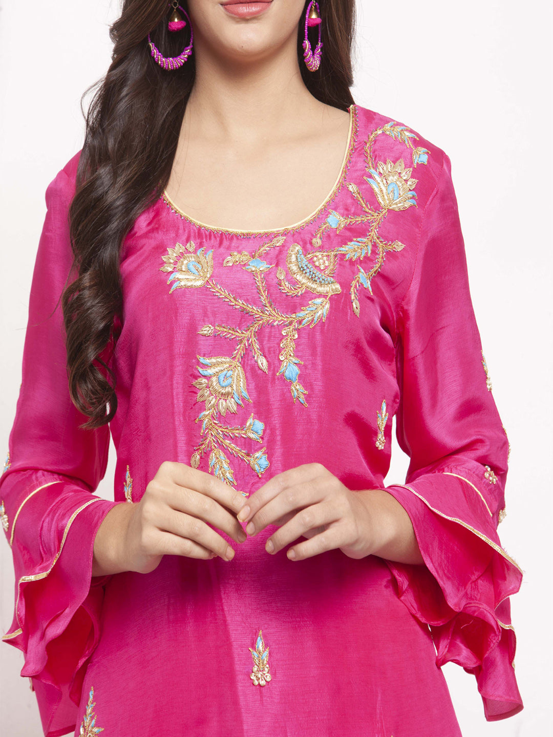Pink & Yellow Floral Embroidered Zardozi Straight Kurta with Sharara