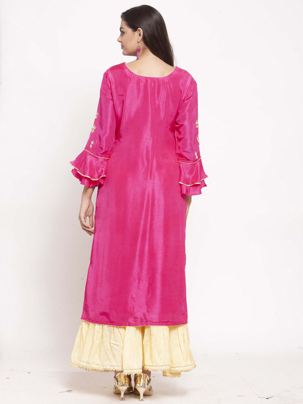 Pink & Yellow Floral Embroidered Zardozi Straight Kurta with Sharara