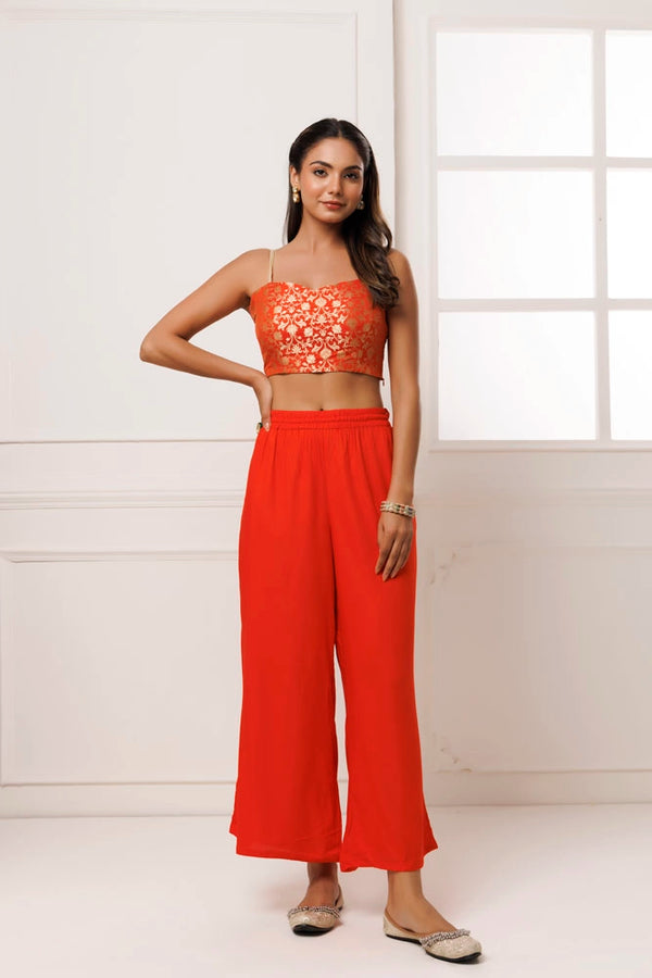 Orange Rayon Co-ord Set with Brocade Top