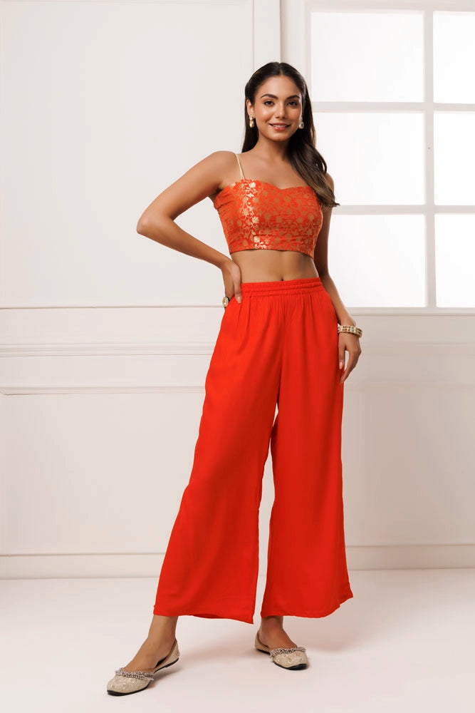 Orange Rayon Co-Ord Set With Brocade Top