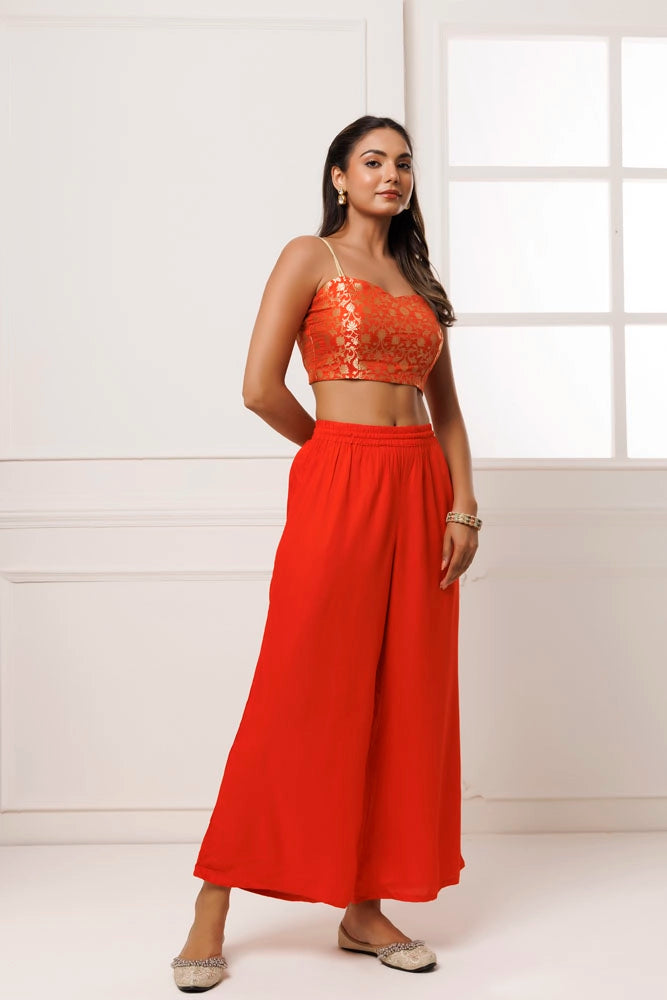 Orange Rayon Co-Ord Set With Brocade Top
