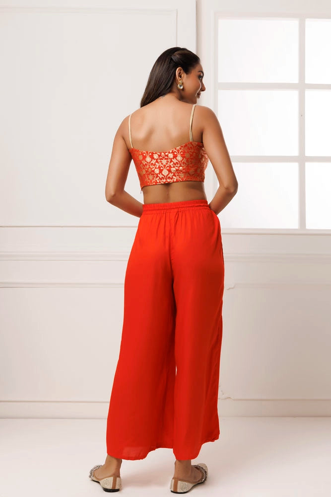 Orange Rayon Co-Ord Set With Brocade Top