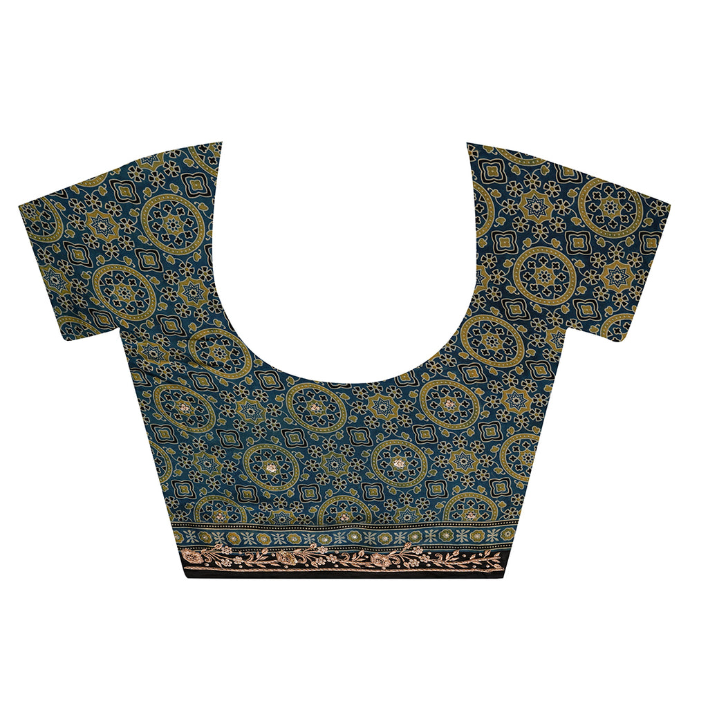 Indigo Blue Ajrakh Handblock Printed Modal Silk Saree With Zari Pallu