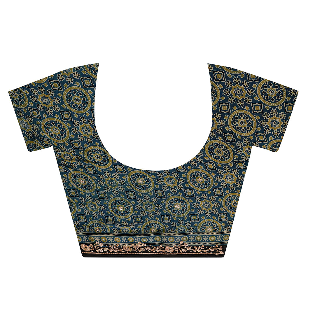 Indigo Blue Ajrakh Handblock Printed Modal Silk Saree With Zari Pallu