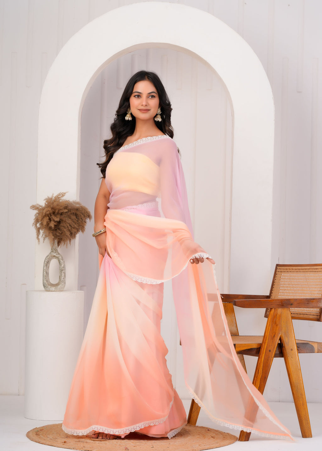 Multi Color Chiffon Saree with Lace Border