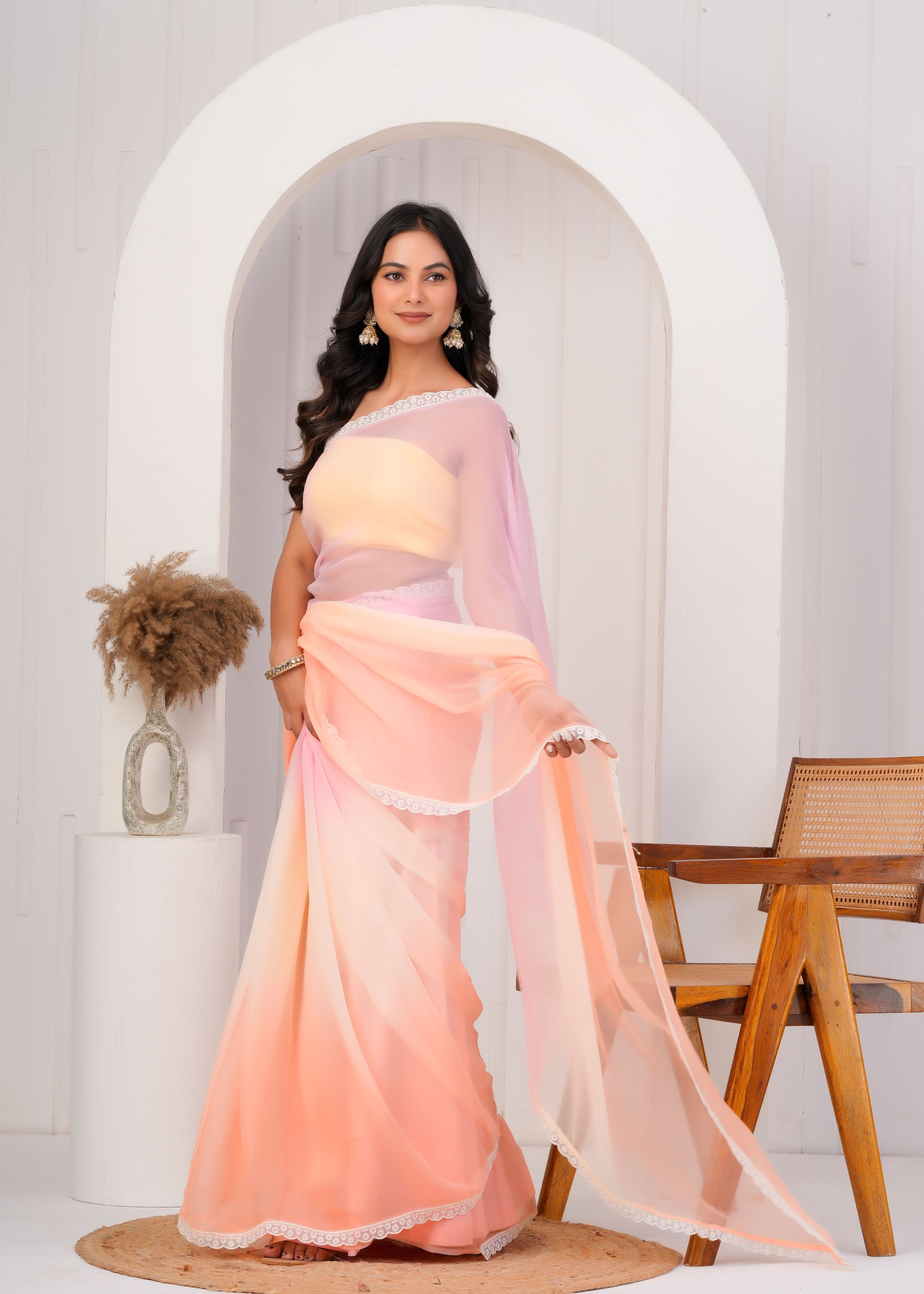 Multi Color Chiffon Saree with Lace Border
