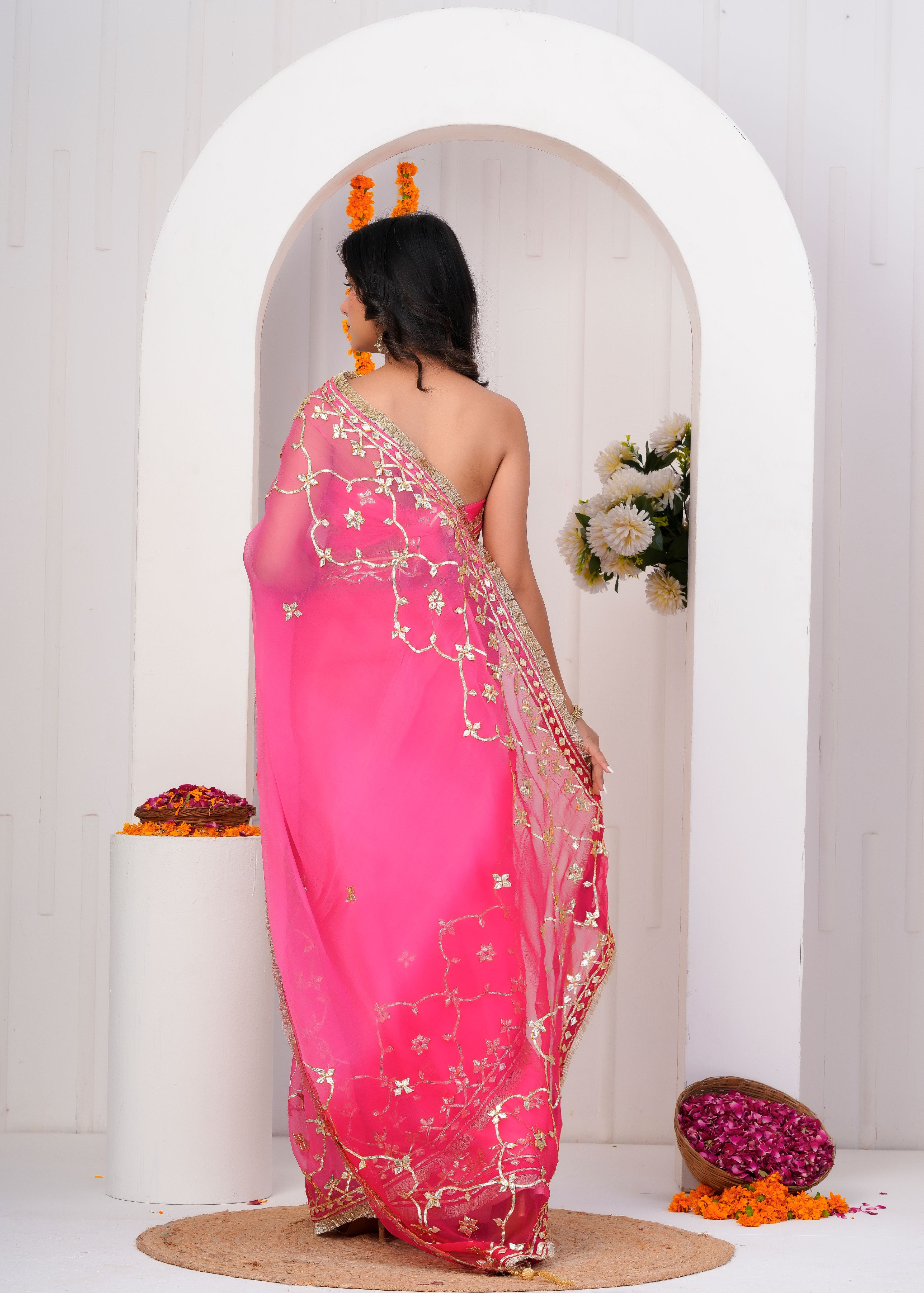 Pink & Red Shaded Chiffon Saree with Gota Patti Jaal Work