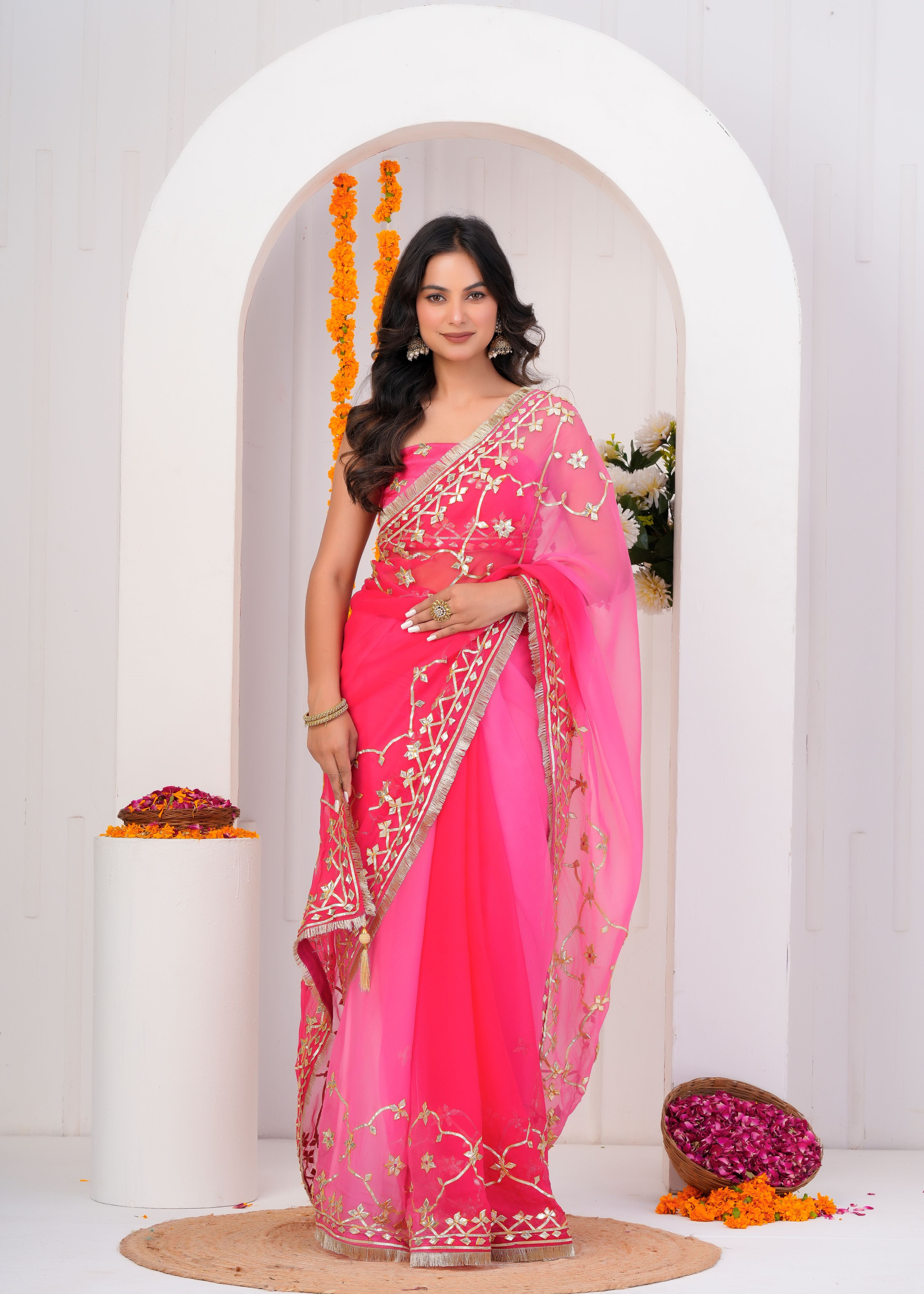 Pink & Red Shaded Chiffon Saree with Gota Patti Jaal Work