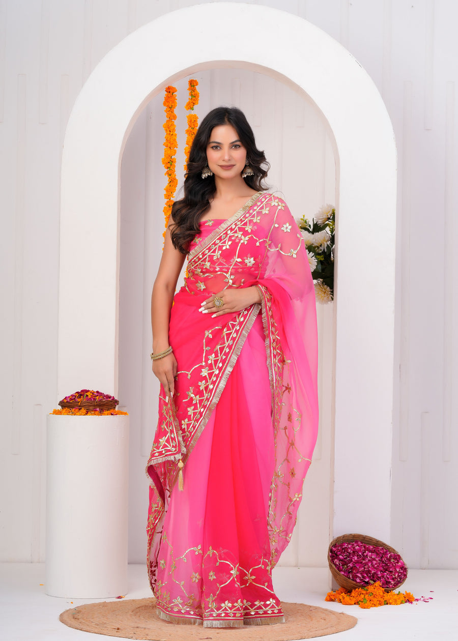 Pink & Red Shaded Chiffon Saree with Gota Patti Jaal Work