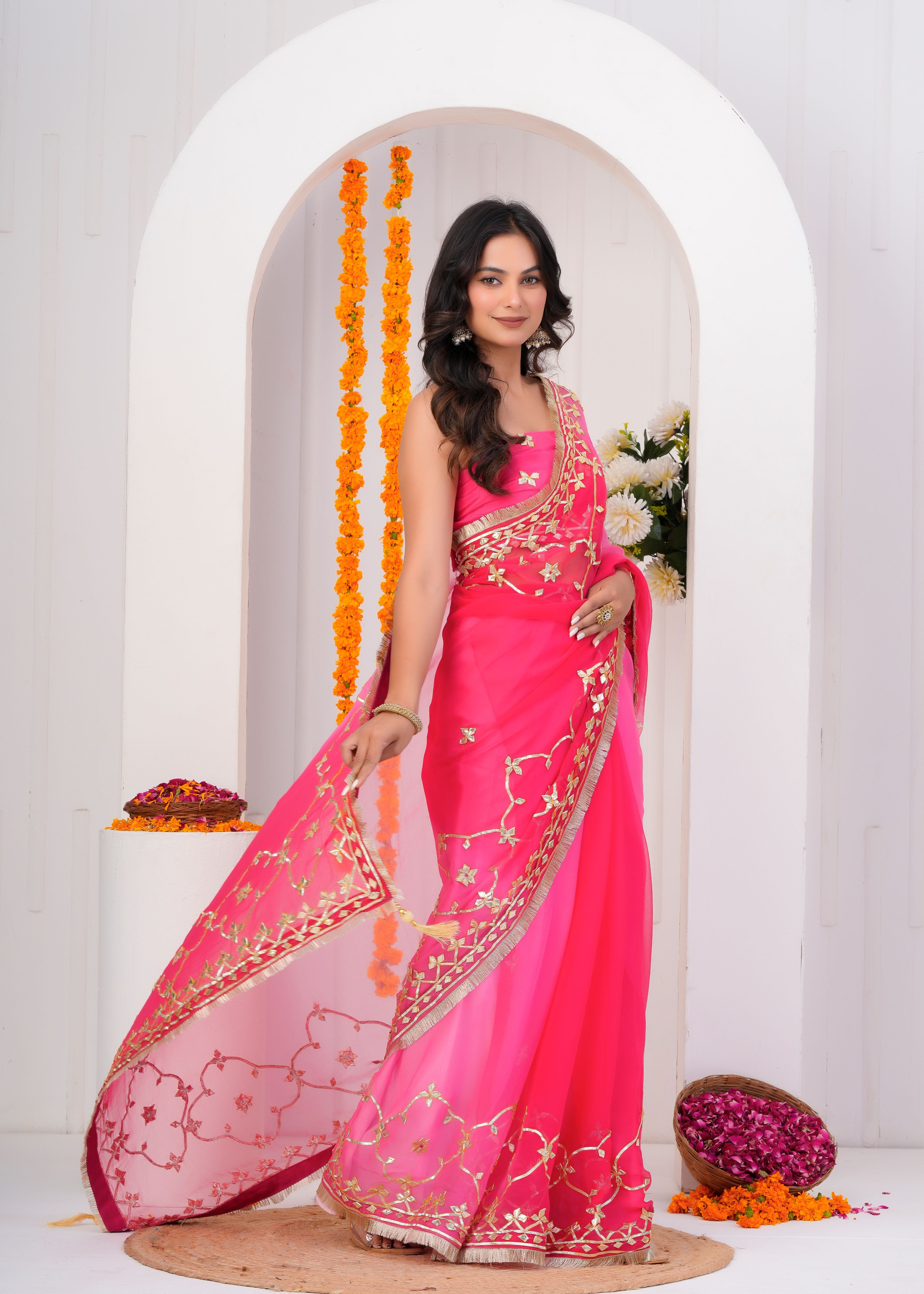 Pink & Red Shaded Chiffon Saree with Gota Patti Jaal Work