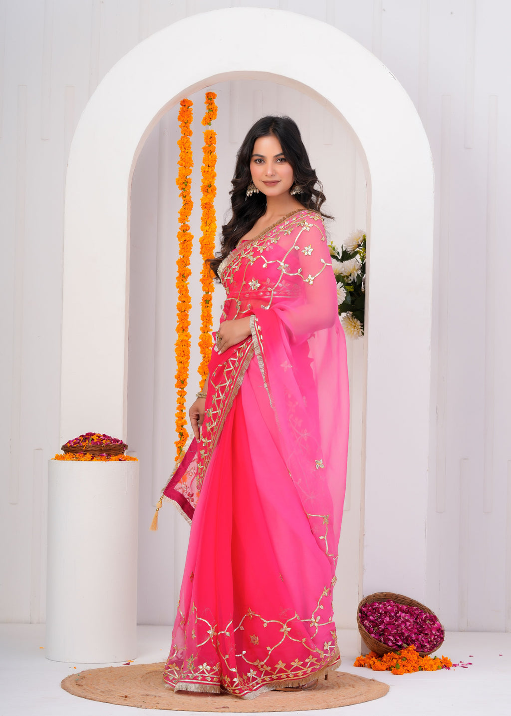 Pink & Red Shaded Chiffon Saree with Gota Patti Jaal Work
