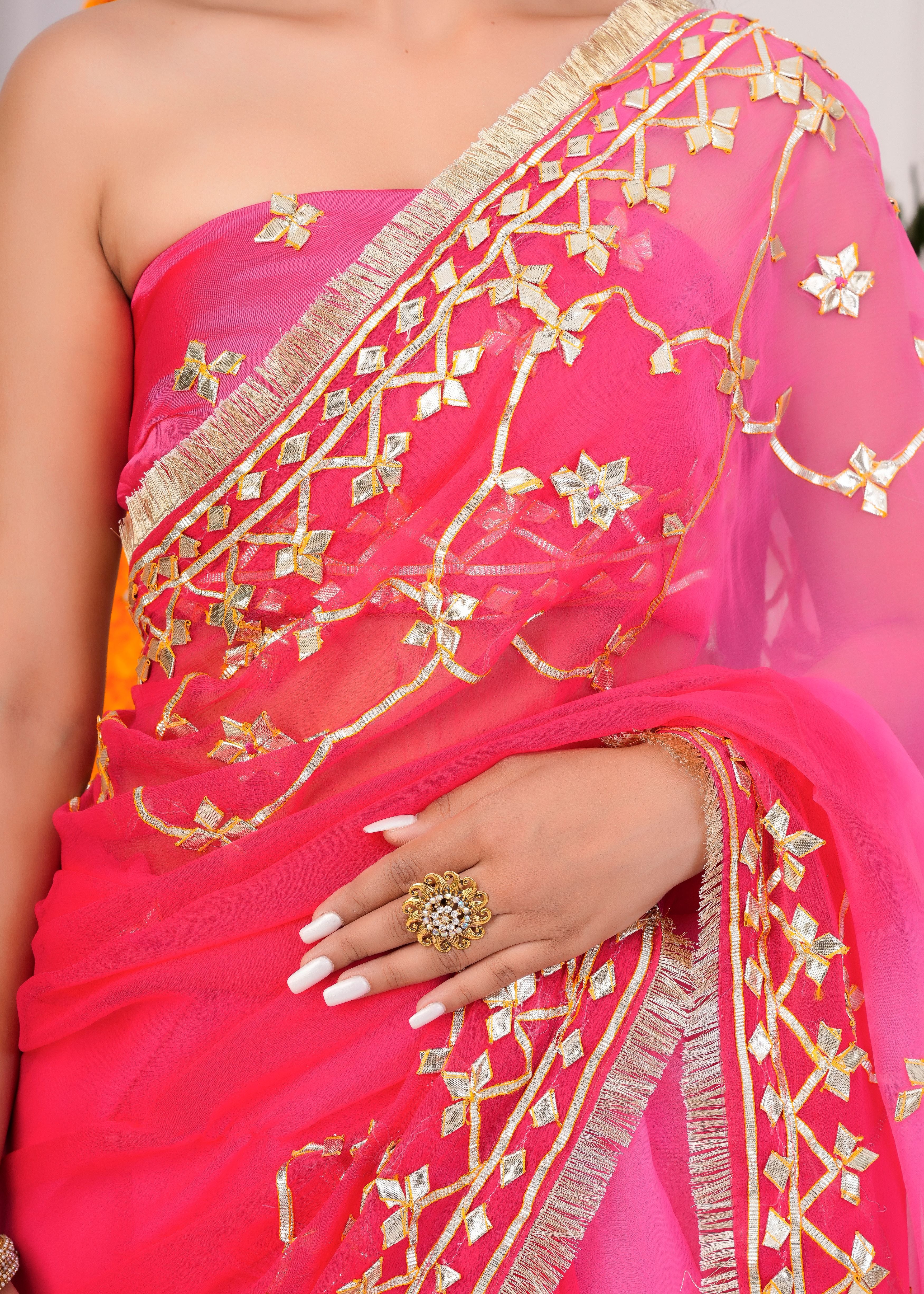 Pink & Red Shaded Chiffon Saree with Gota Patti Jaal Work