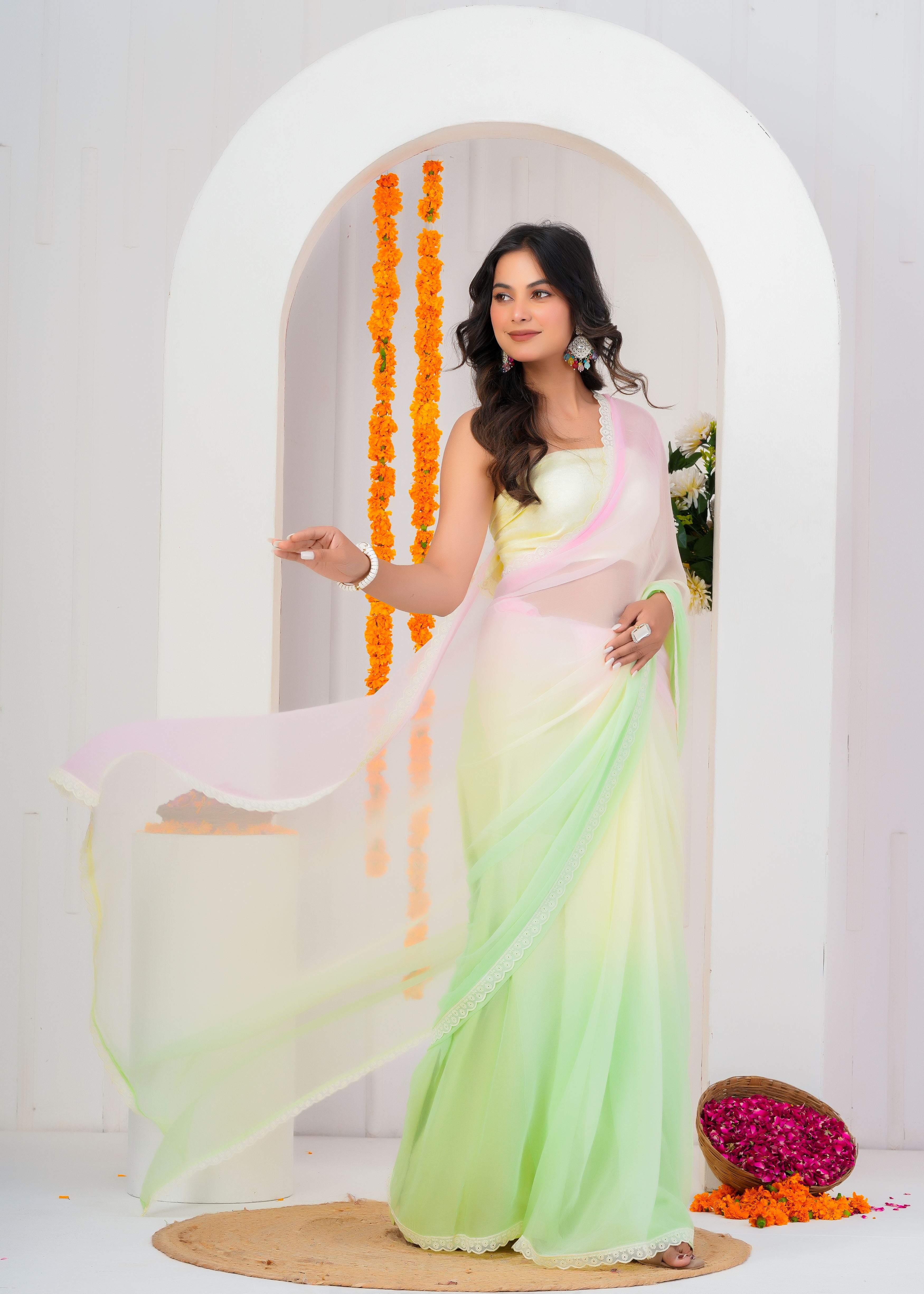 Multi Color Chiffon Saree with Lace Border