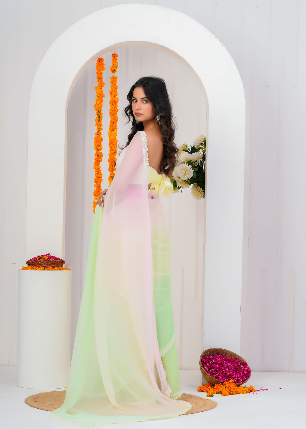 Multi Color Chiffon Saree with Lace Border