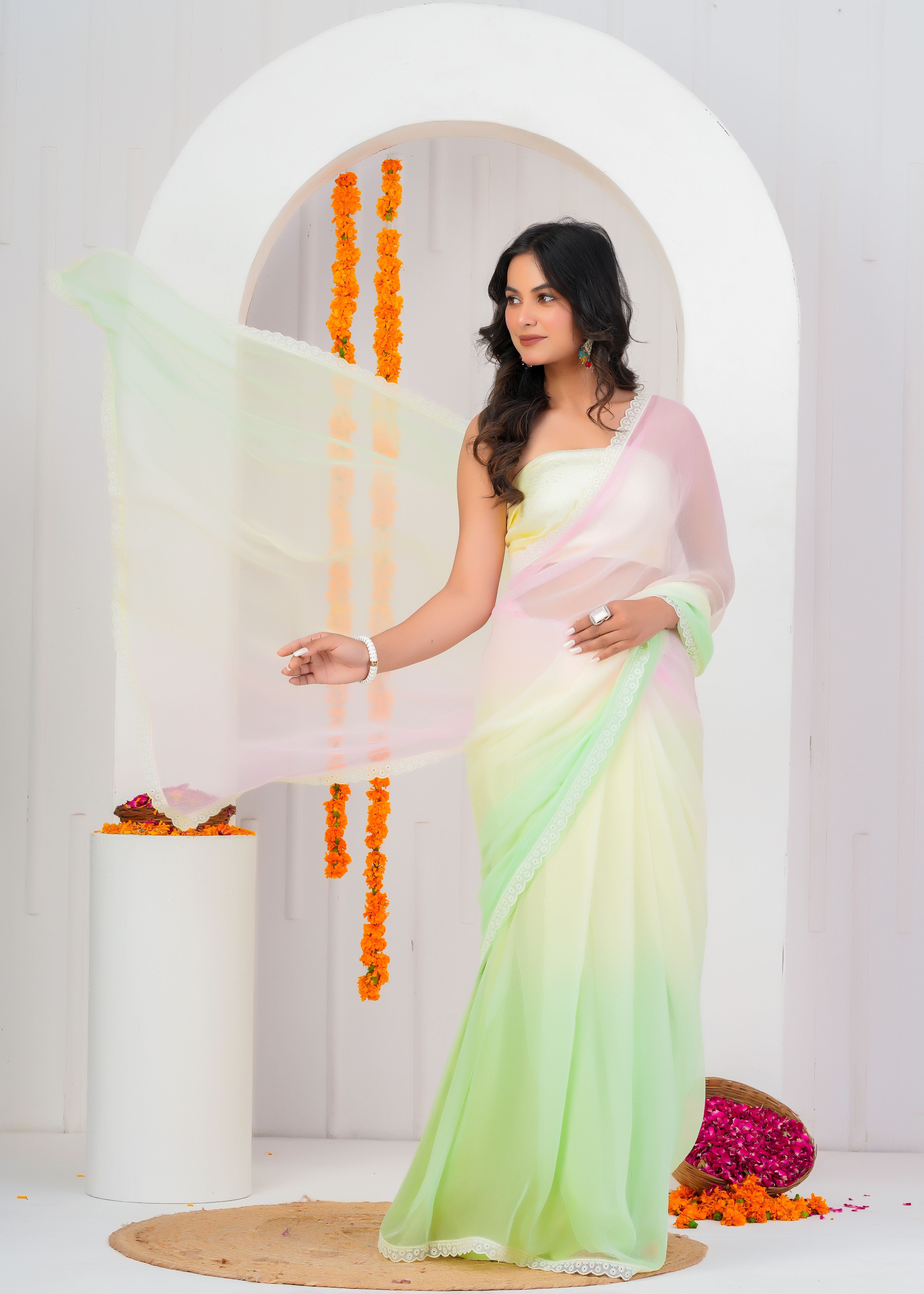 Multi Color Chiffon Saree with Lace Border