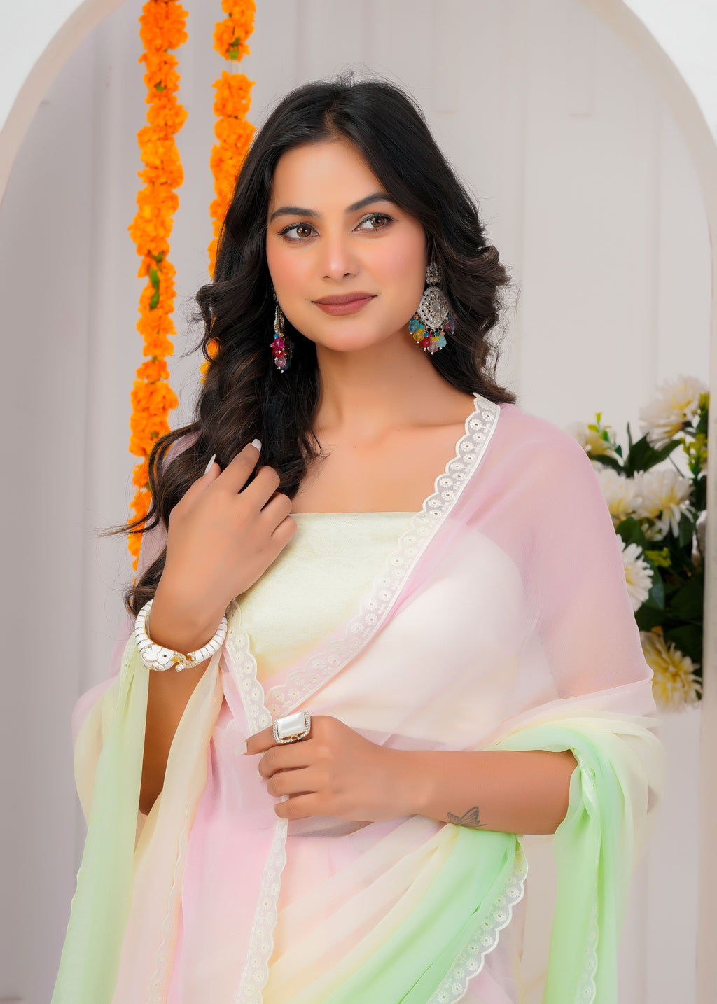 Multi Color Chiffon Saree with Lace Border