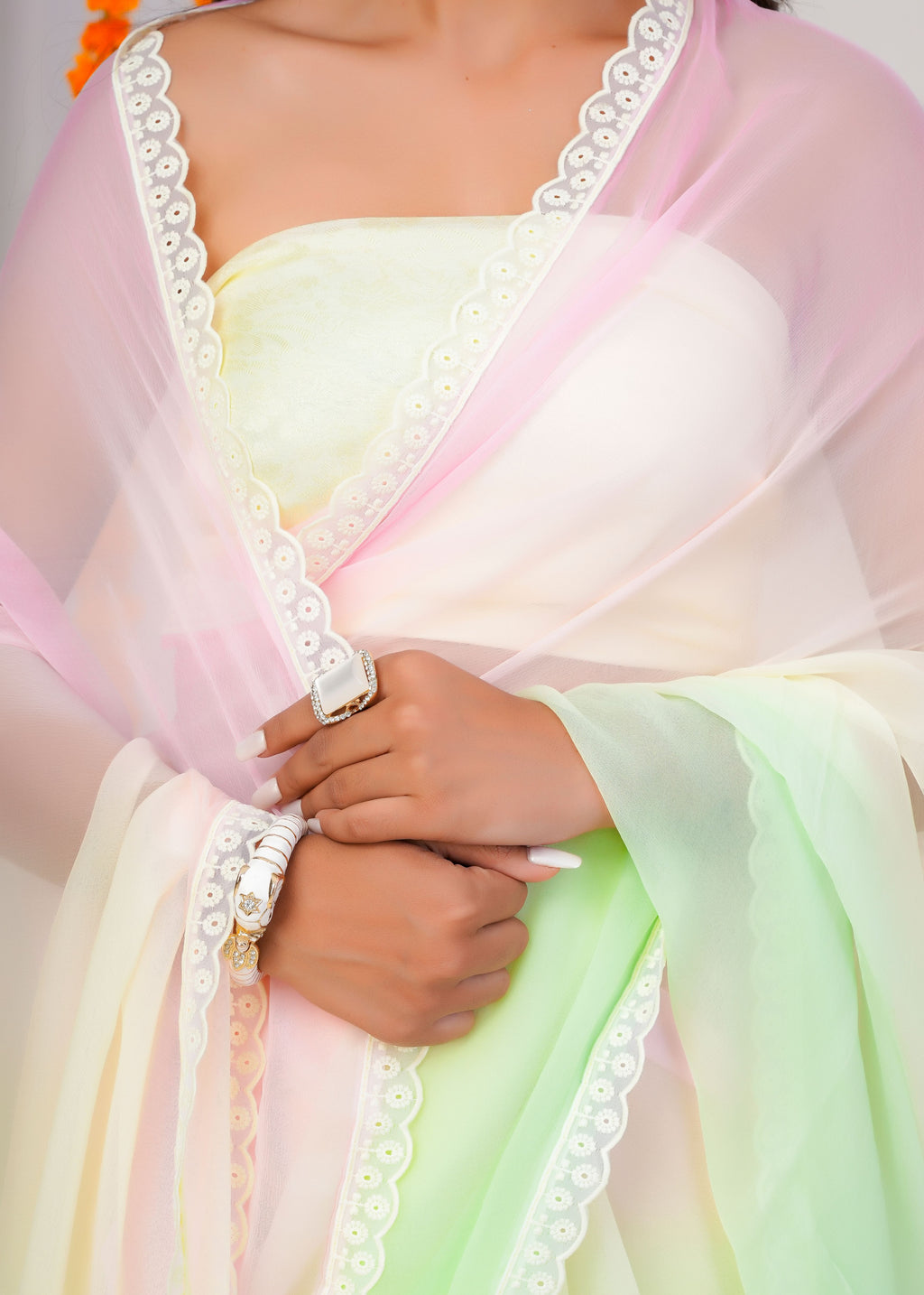 Multi Color Chiffon Saree with Lace Border