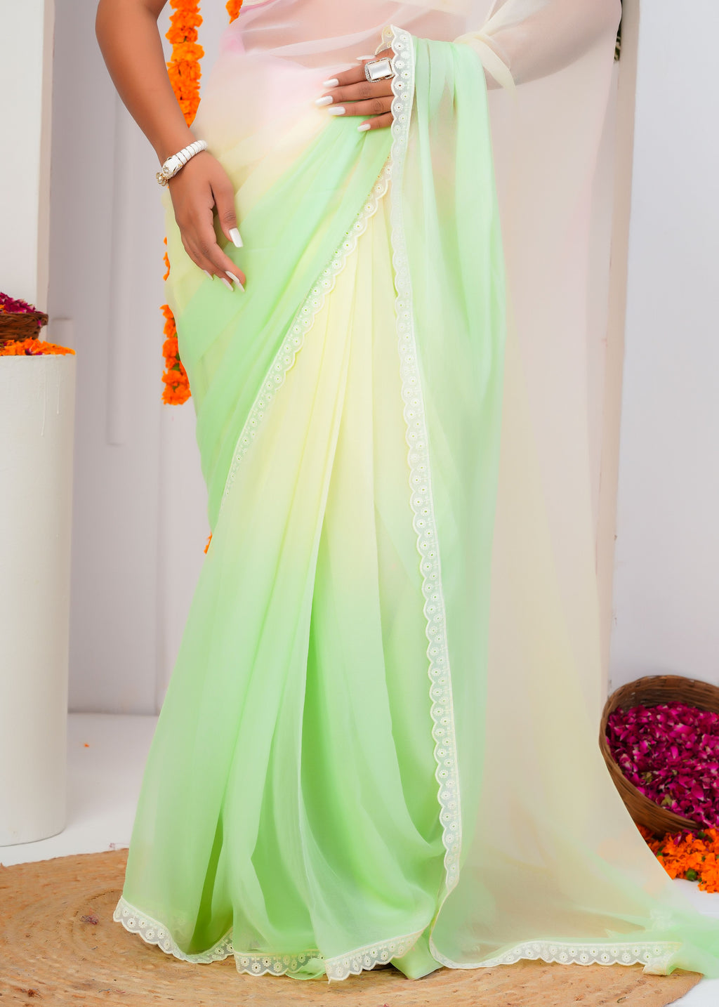 Multi Color Chiffon Saree with Lace Border