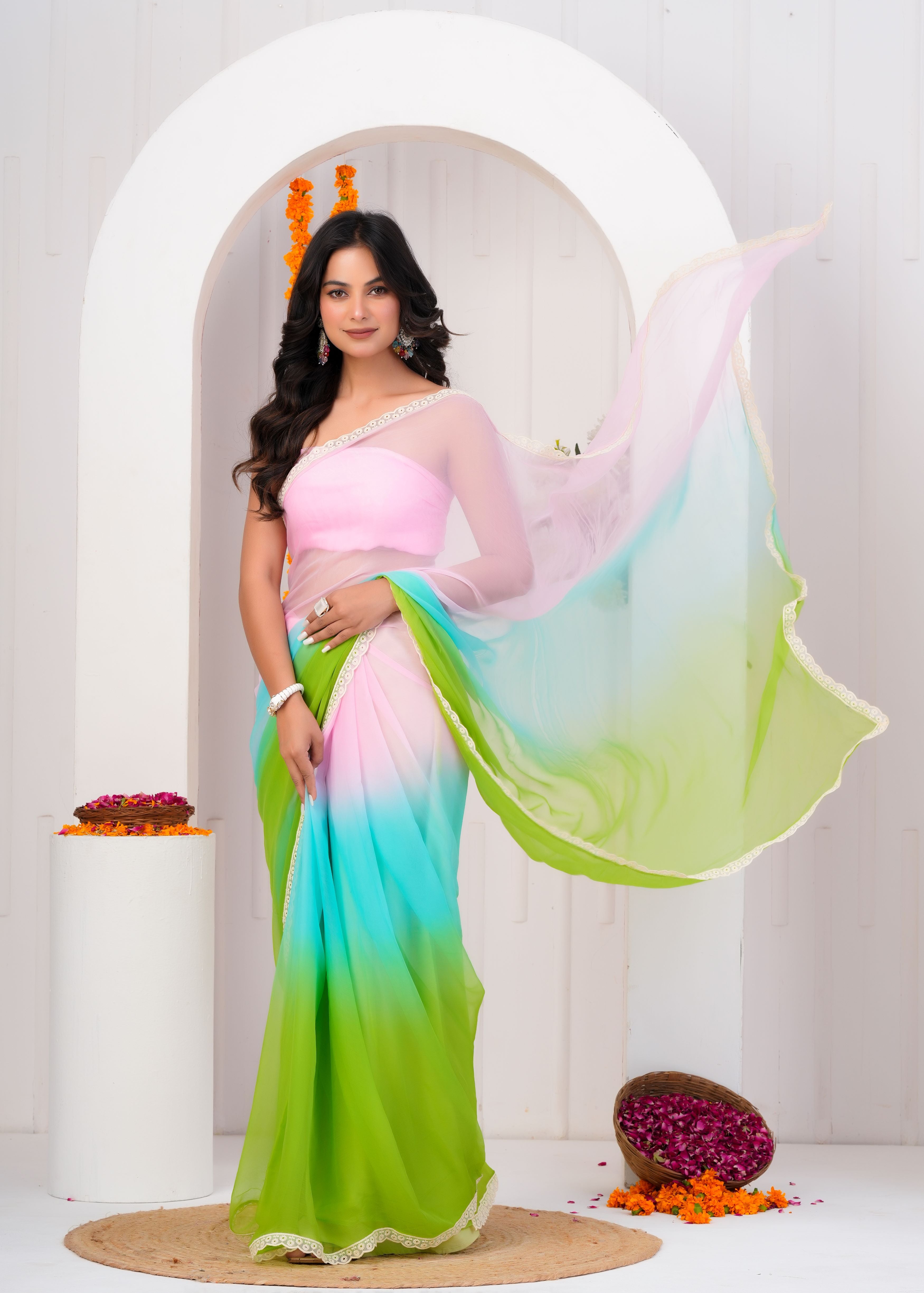 Multi Color Chiffon Saree with Lace Border