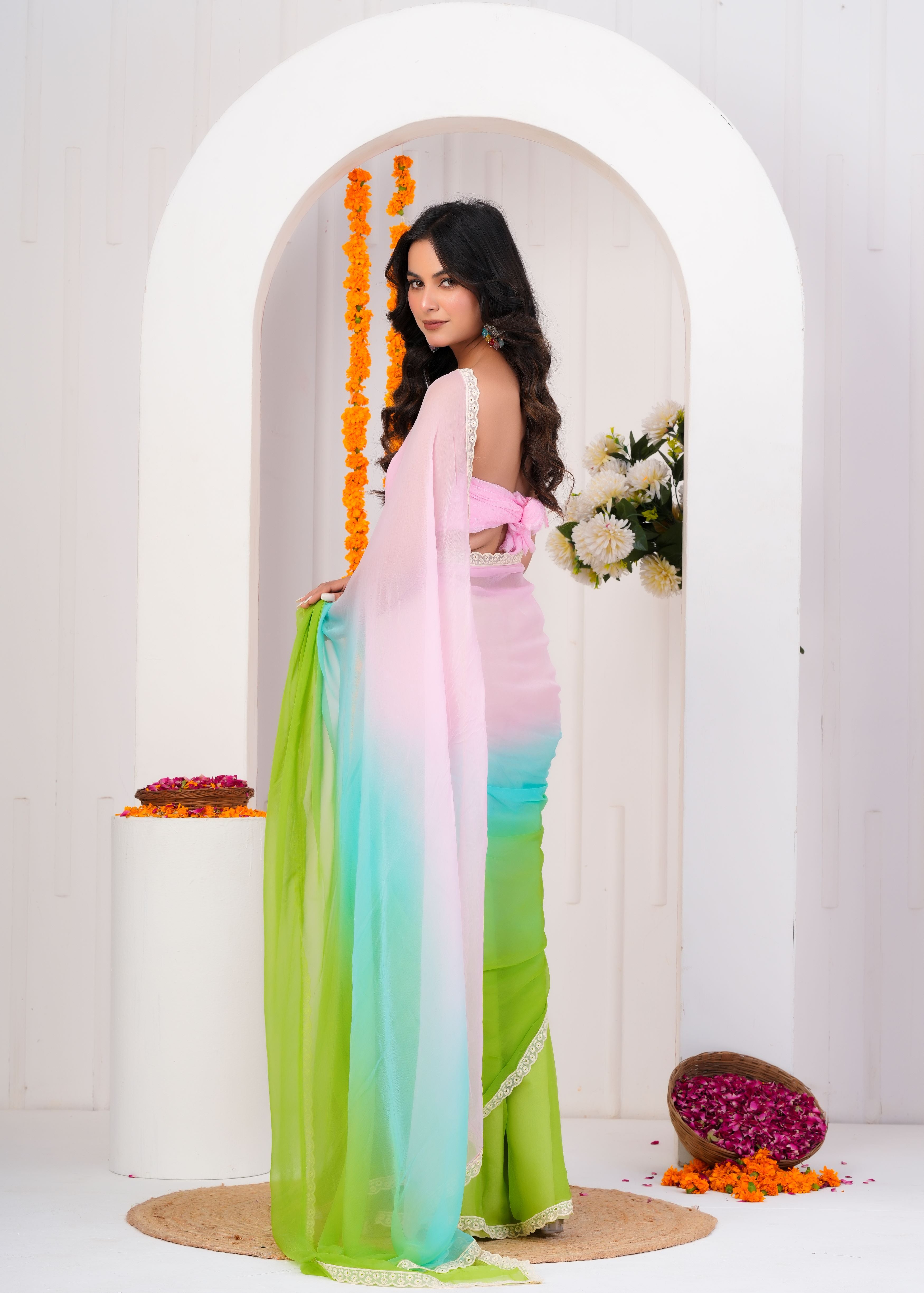 Multi Color Chiffon Saree with Lace Border