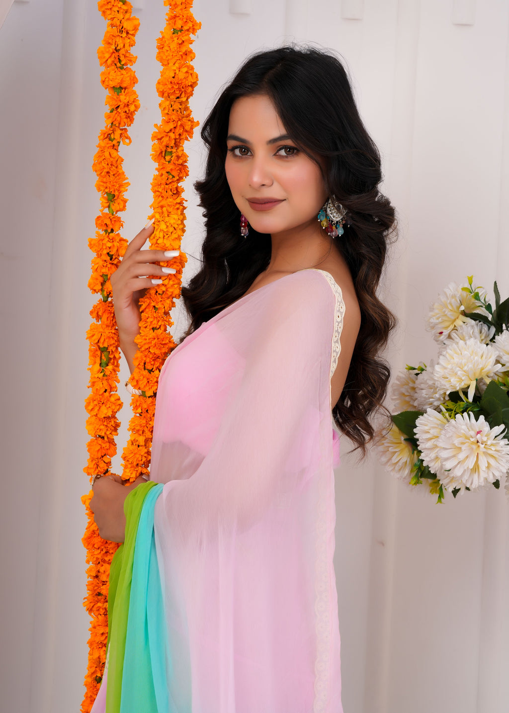 Multi Color Chiffon Saree with Lace Border