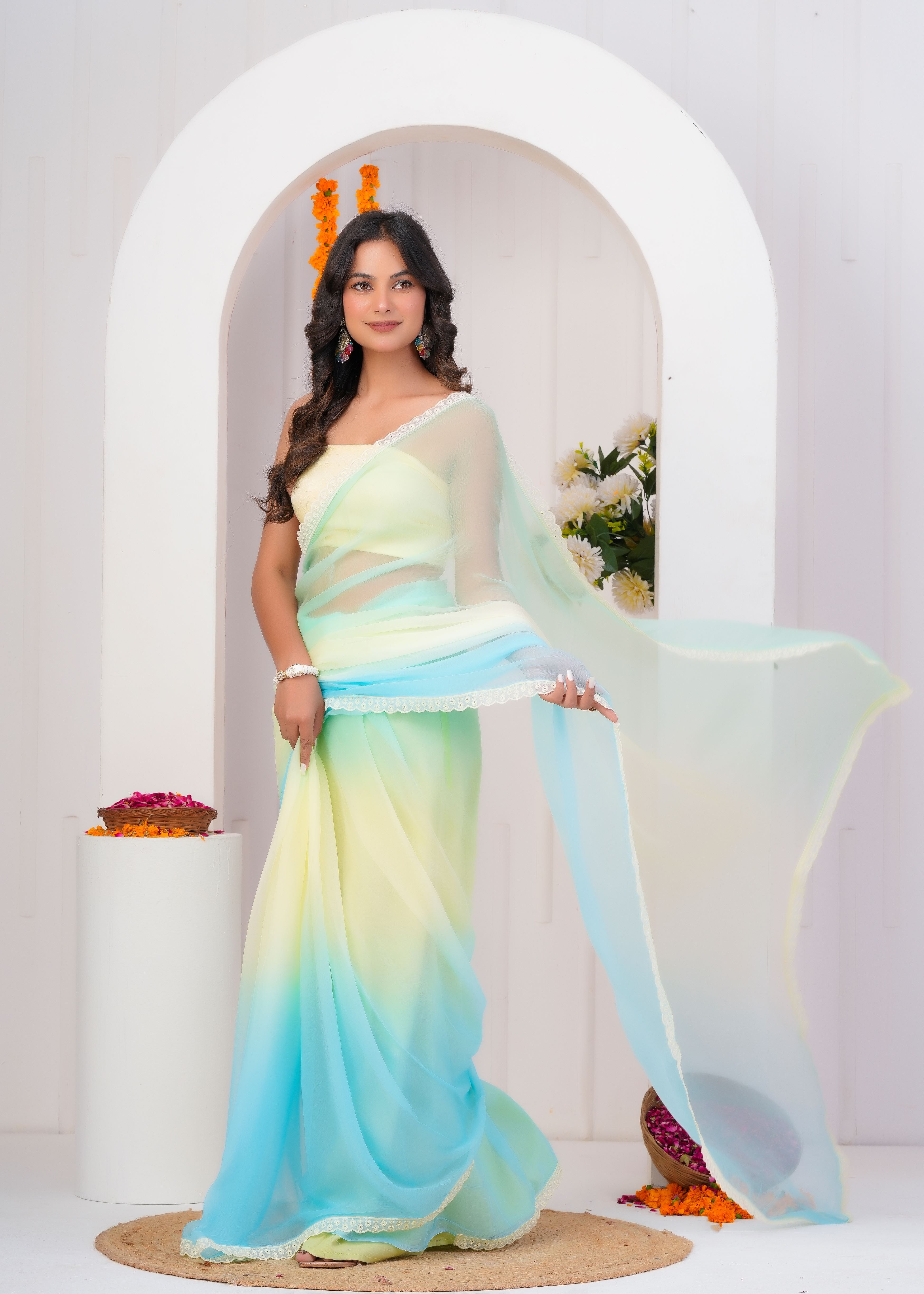 Multi Color Chiffon Saree with Lace Border