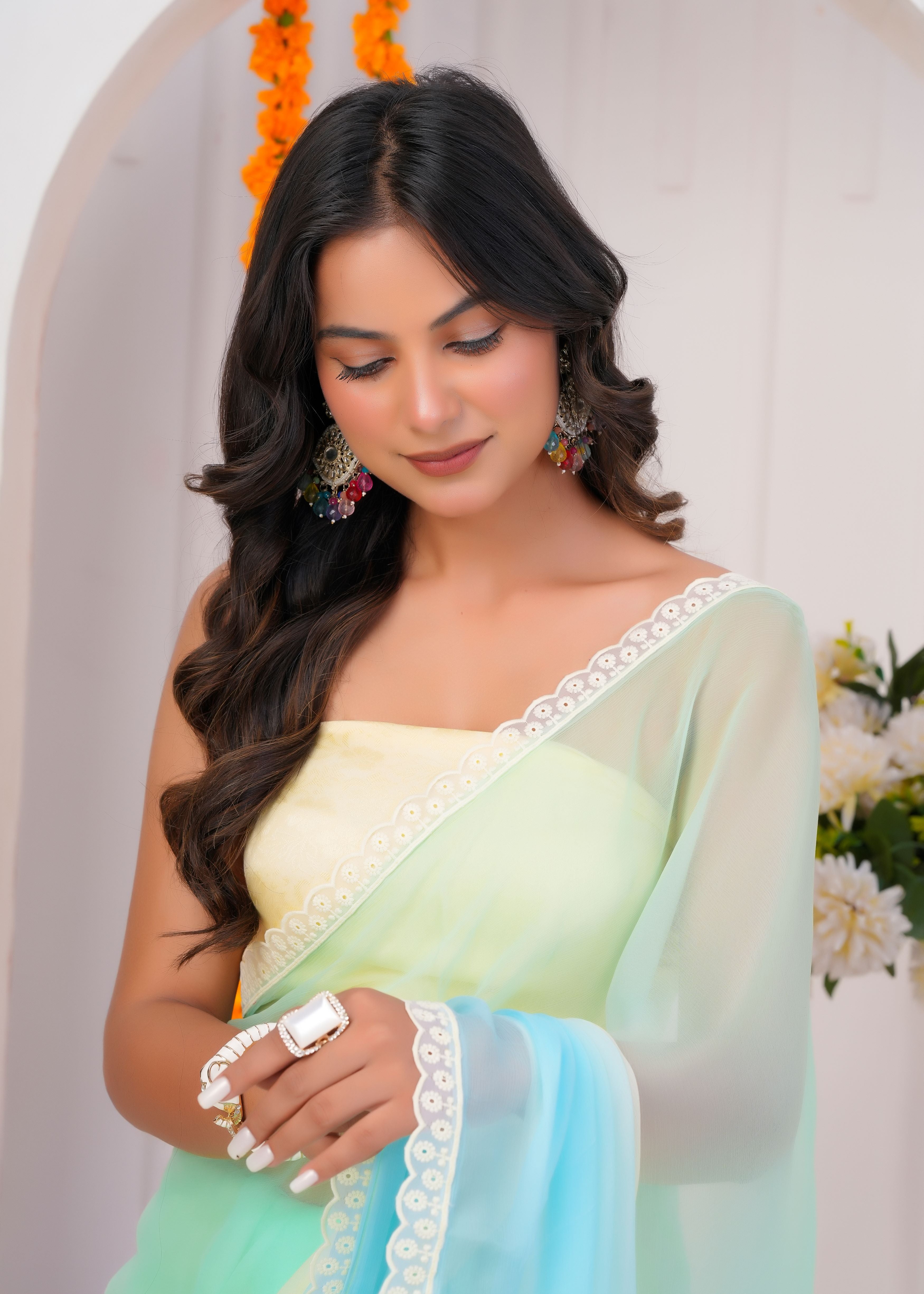 Multi Color Chiffon Saree with Lace Border