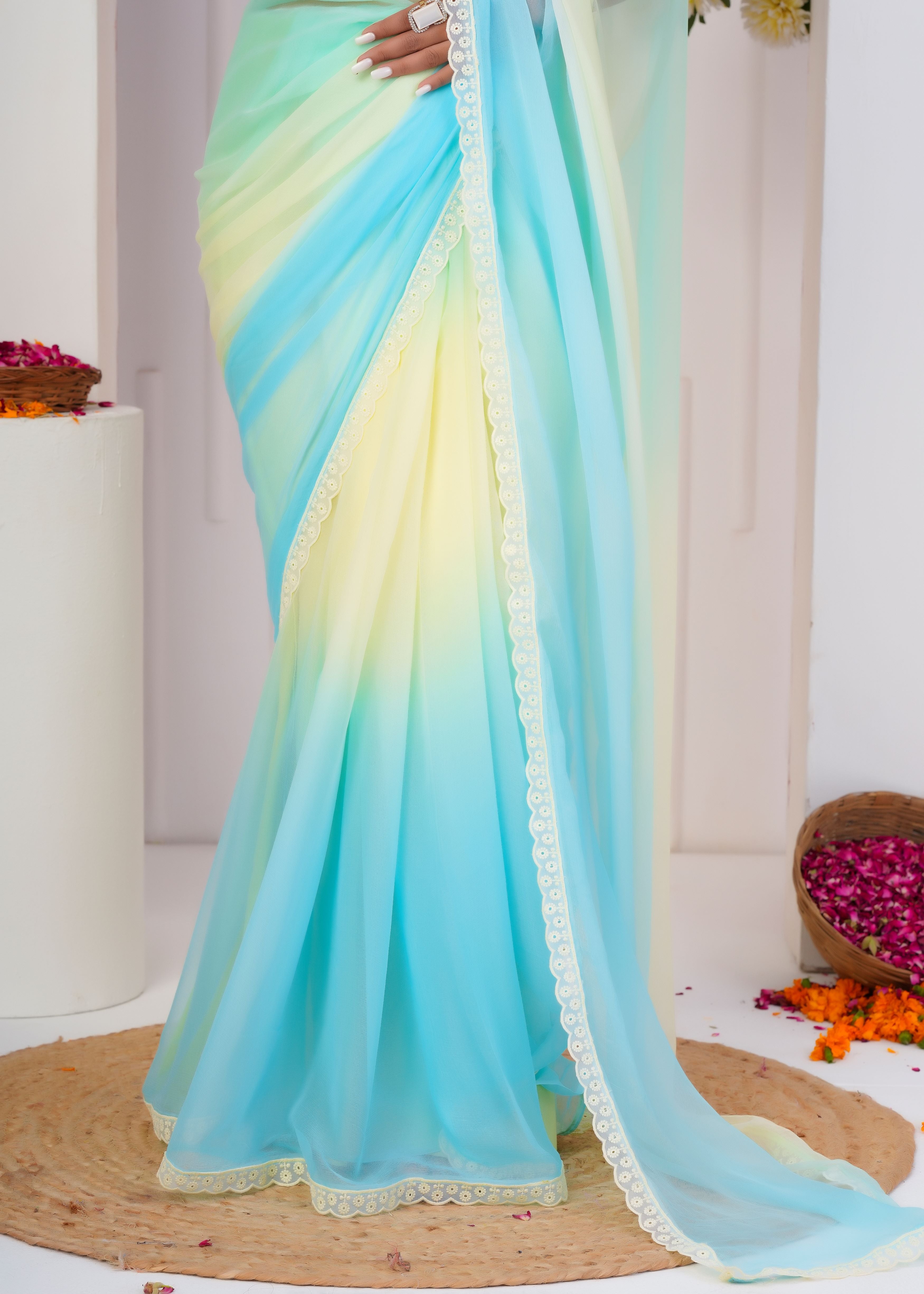 Multi Color Chiffon Saree with Lace Border