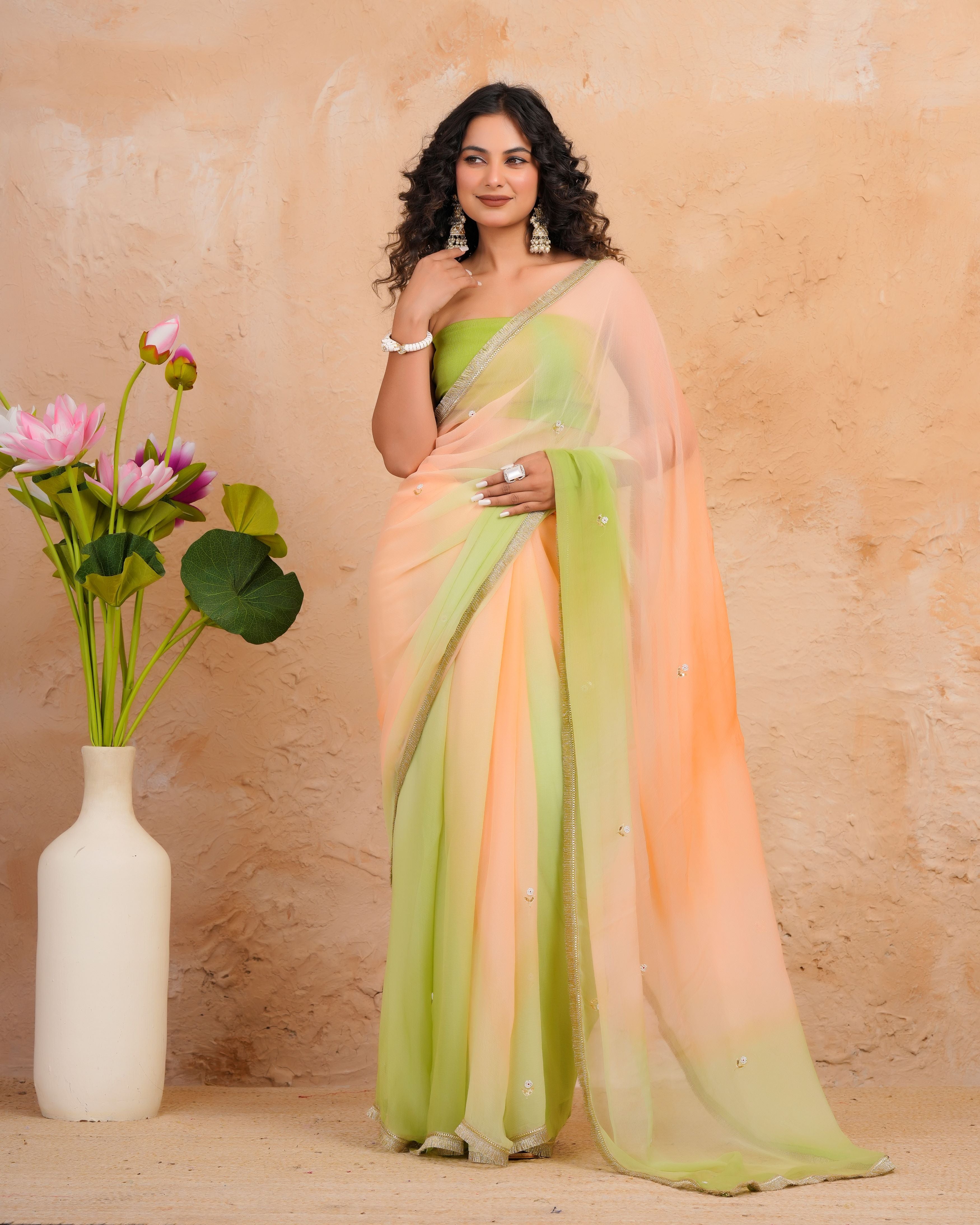 Green & Peach Shaded Chiffon Saree with Aari, Sequins & Pearl Work