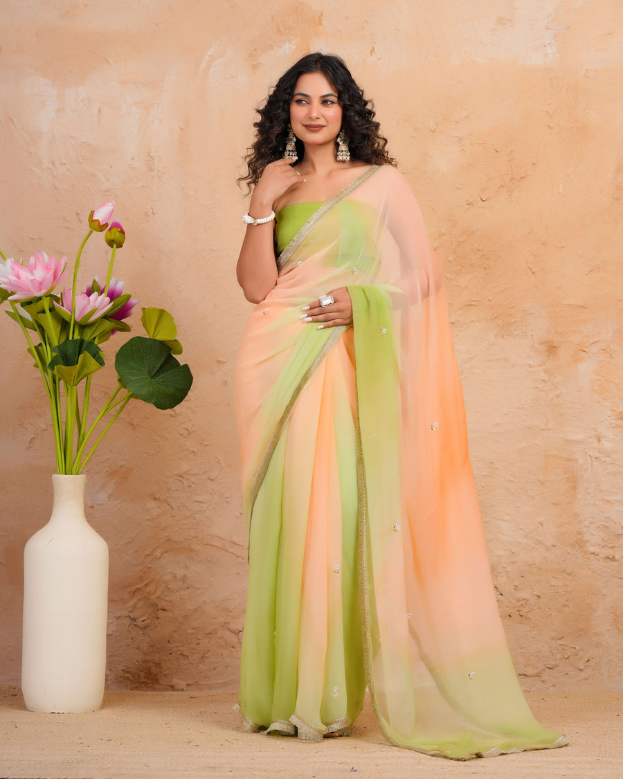 Green & Peach Shaded Chiffon Saree with Aari, Sequins & Pearl Work